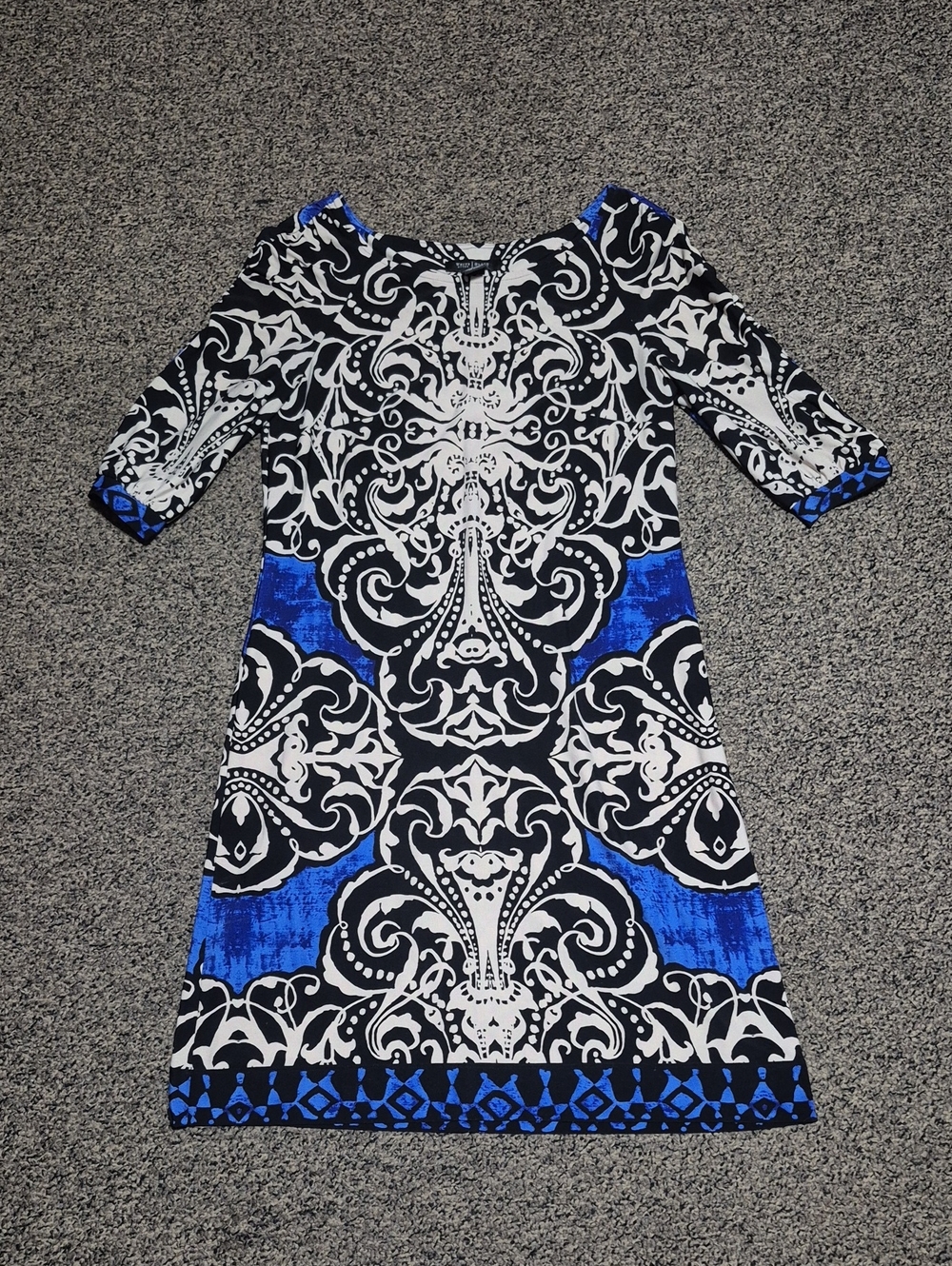 White House Black Market Black, White & Blue Patterned Midi Dress